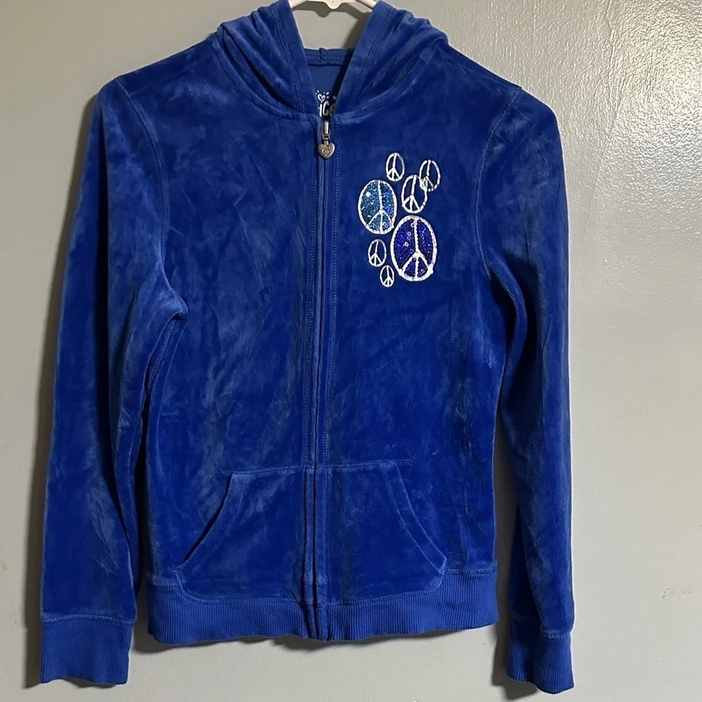 Justice Royal Blue Velour Tracksuit with Peace Signs, Size 12